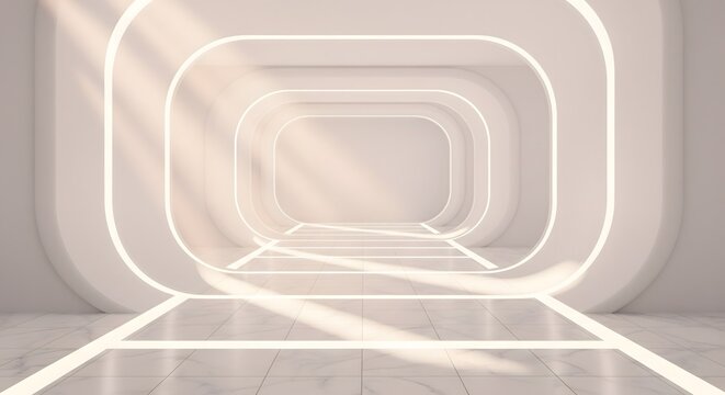 Futuristic white corridor with glowing light arches and marble floor