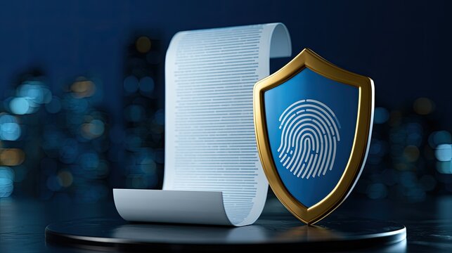 Parchment scroll and golden shield with fingerprint symbol, representing security