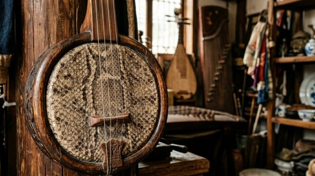 Close-up of a traditional Chinese Pipa instrument in a rustic workshop setting