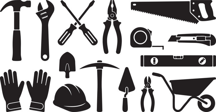 construction tools silhouette black and white.