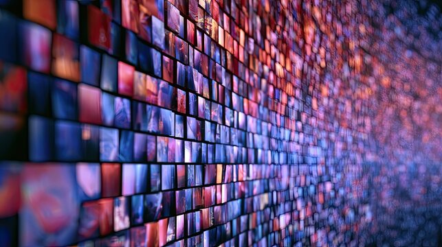A vast mosaic of colorful glowing panels recedes into a bokeh-filled distance
