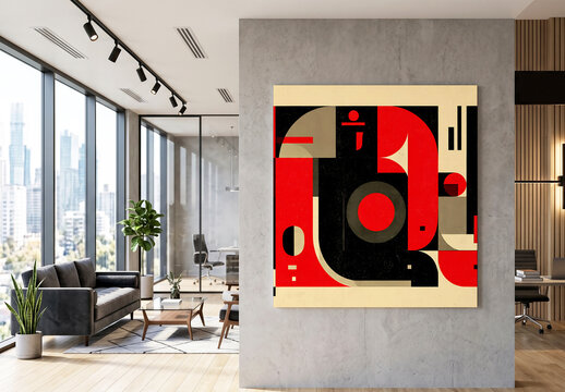 Modern office lobby interior with square art frame mockup
