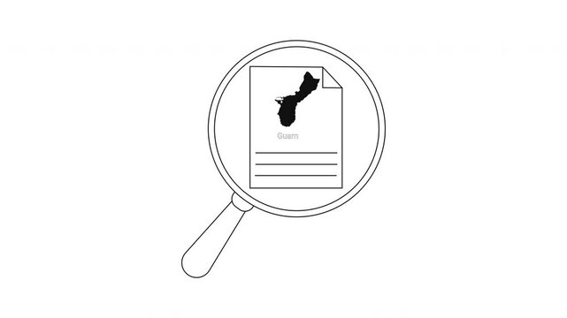 Magnifying Glass Over Document with Guam Map Outline - Line Art Animation.