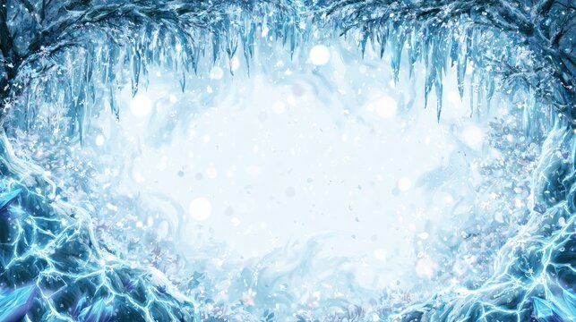 A frozen, icy cavern with glittering lights and frosty formations