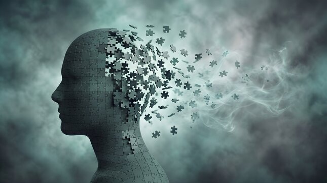 A puzzle piece human head with pieces flying off, representing mental disintegration and confusion in a dreamlike atmosphere with smoke