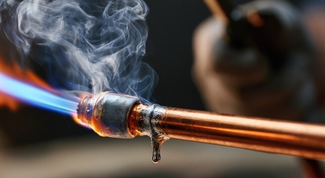 Intense blue flame heats a copper pipe joint, melting solder, smoke plumes rise