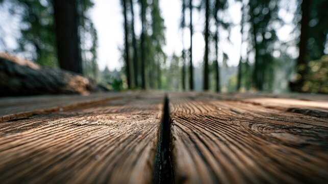 Wooden planks on forest floor, sunlit, nature path