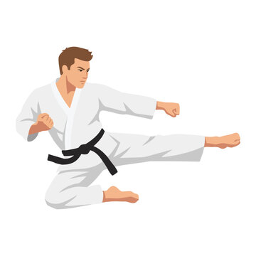 Male Karate Taekwondo Martial Arts Fighter Flying Side Kick Action Flat Vector Illustration Isolated White Background