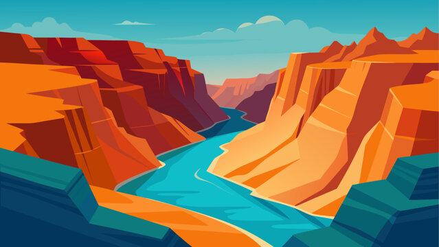 Vector canyon landscape, colorful river valley, desert terrain illustration, scenic natural wonder