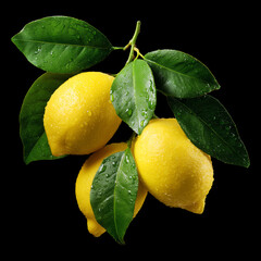 Obraz premium Fresh lemons with leaves and water drops isolated on black background with clipping path, symbolizing freshness and purity