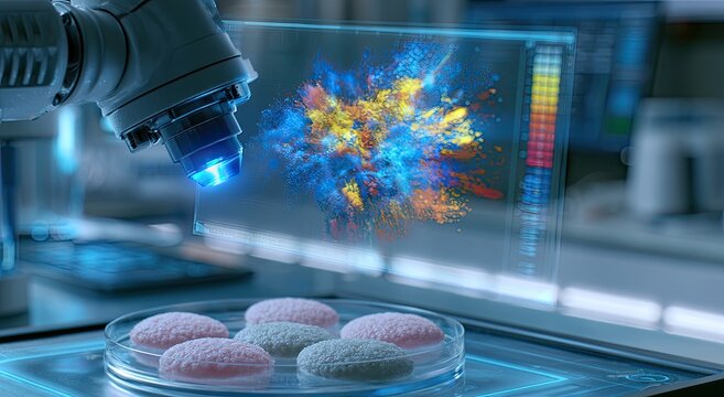 Robotic arm analyzes colorful powder explosion on holographic display