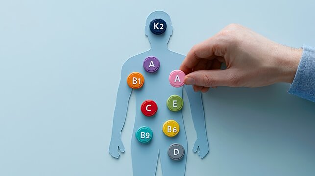 Hand places "A" vitamin circle on human silhouette with other vitamin circles