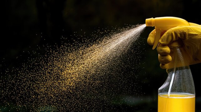 Yellow gloved hand sprays fine mist from a bottle against dark background