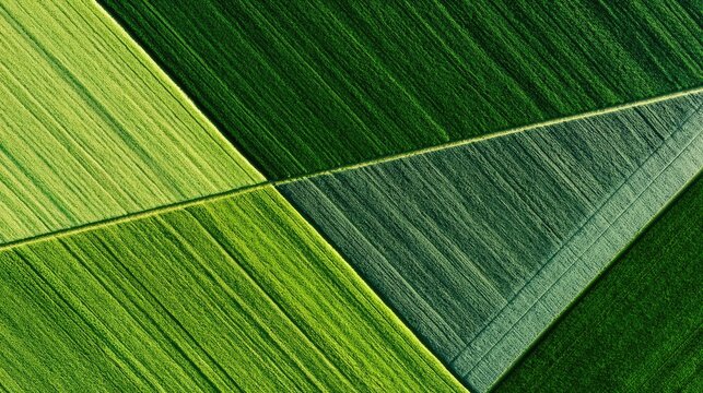 Aerial view of geometrically patterned farmland fields showcasing diverse green hues and textures