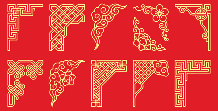 Luxury golden Chinese traditional corner borders on red background featuring auspicious dragon scales, royal Thai lace patterns, and metallic floral frames