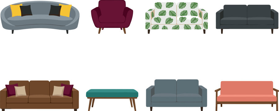 Modern home furniture icon set featuring contemporary sofas cozy armchair bench ottoman and monstera leaf pattern couch flat vector illustration.