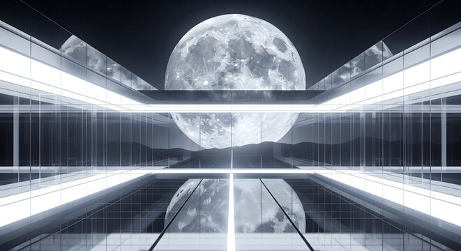 Giant full moon shining over a futuristic modern glass interior space
