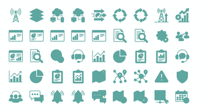 Comprehensive collection of telecommunication and network monitoring glyph icons set.