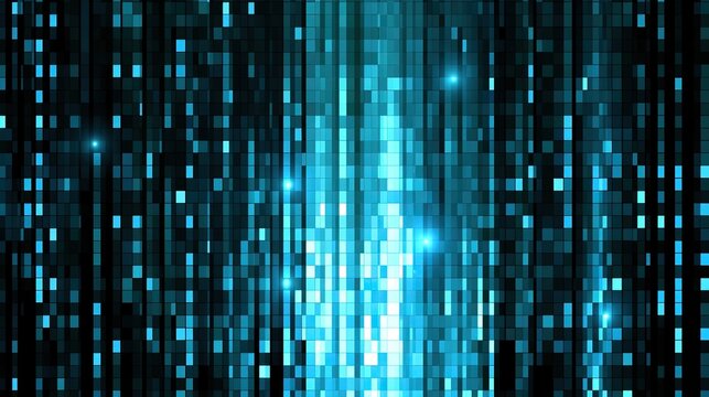 Vertical blue and teal pixelated streaks and glowing sparks against black