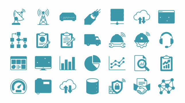 Set of telecommunication network management and cloud services interface glyph icons.