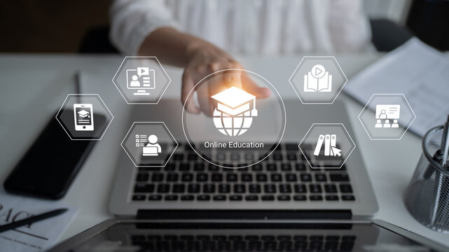 A visual representation of online education highlighting key elements such as technology, resources, and learning icons, showcasing the digital learning environment for students and educators. Cyphers