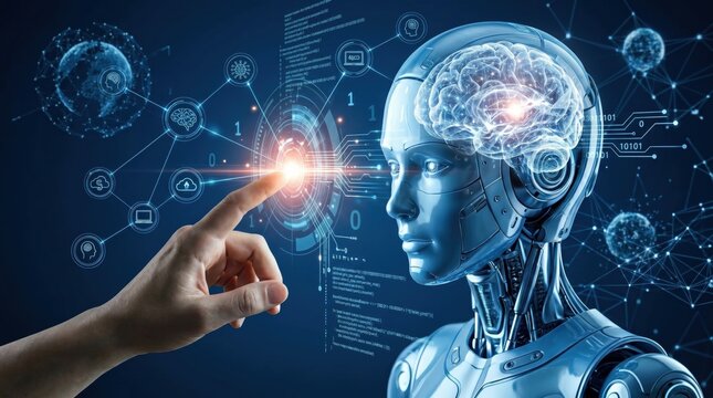 Human hand touching futuristic robotic head with visible brain circuitry, representing artificial intelligence evolution, machine learning interaction
