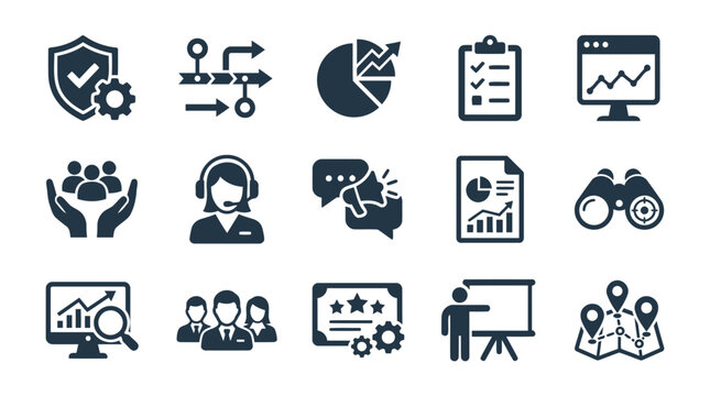Corporate strategic business development and project planning icons set for professional presentations and digital media.