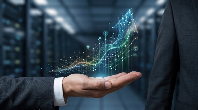 Hand holding glowing upward arrow graph representing business growth and success, digital data visualization with network connections in server room background