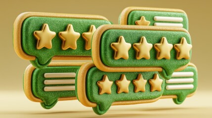 Naklejka premium A 3D illustration of multiple green speech bubbles displaying five gold stars, symbolizing high ratings or positive reviews.
