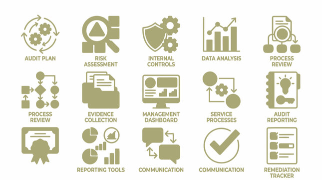 Set of flat icons representing business auditing and financial compliance processes.