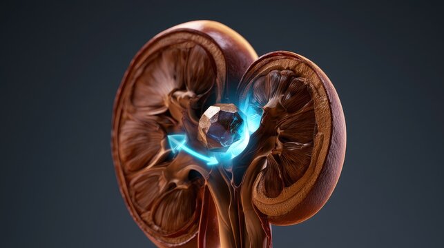 Cross-section of a kidney revealing a crystalline stone obstructing the urinary tract