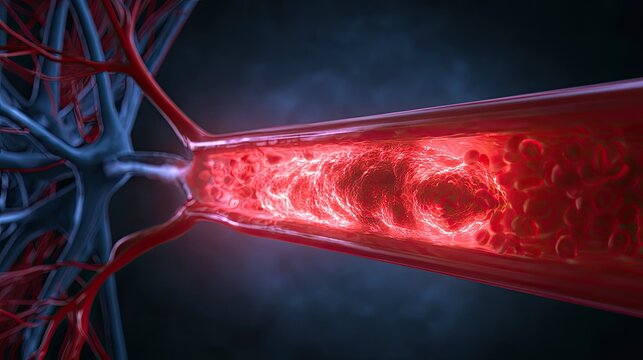Microscopic view of blood cells flowing through a constricted vessel