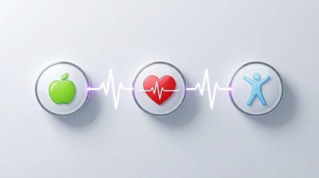 Health Trinity: An abstract representation of the health trinity, with an apple symbolizing nutrition, a heart representing cardiology, and a human figure signifying overall well-being.