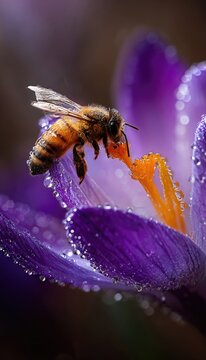 Honeybee landing on bright purple crocus flower with dew drops, shallow depth of field, macro lens realism