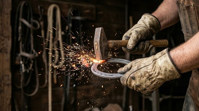 A professional farrier using a hammer to shape a metal horseshoe in a rustic workshop.