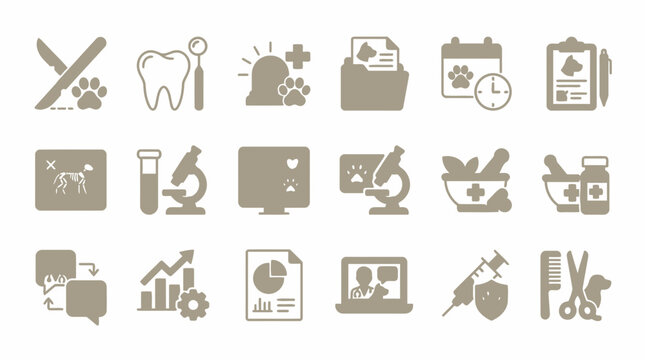 Medical and veterinary clinic icons for surgical procedures and diagnostics.