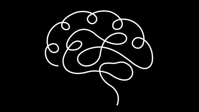 one line brain design on black background. one line drawing of human brain for psychology mental health creative thinking and medical neurology concept animation. 4k video.  