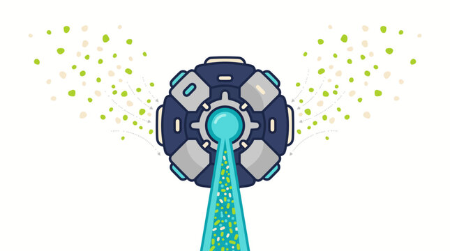 Futuristic Sci-Fi Robot Drone Emitting Green Particles and Blue Light Beam