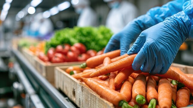 Blue-gloved hands sort fresh carrots on a conveyor belt in a food processing facility