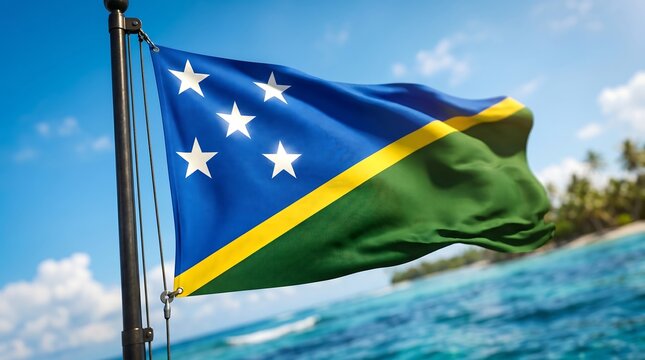 National flag of Solomon Islands waving on flagpole with tropical island beach and blue sky background