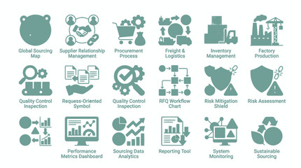 Fototapeta premium Supply chain management and quality control vector icon collection for global logistics process.