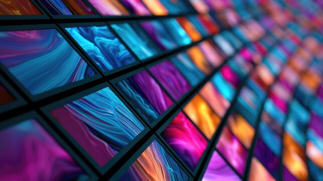 Rows of glowing abstract art screens, vibrant colors, digital display