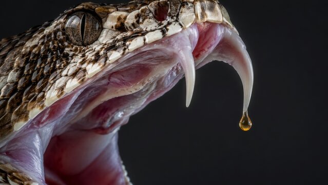 A close-up image of a snake with fangs bared, showcasing a droplet of venom hanging from its mouth against a dark background.