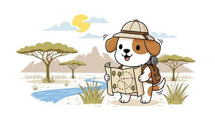 Cute Cartoon Explorer Puppy Dog with Map in Safari Landscape © Untung