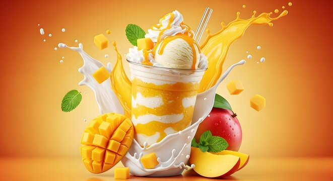 Fresh mango smoothie or milkshake with flying mango cubes and fruit slices
