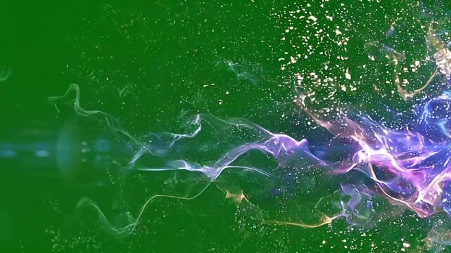 Vibrant purple and blue lights dance across a green background with sparkling particles.