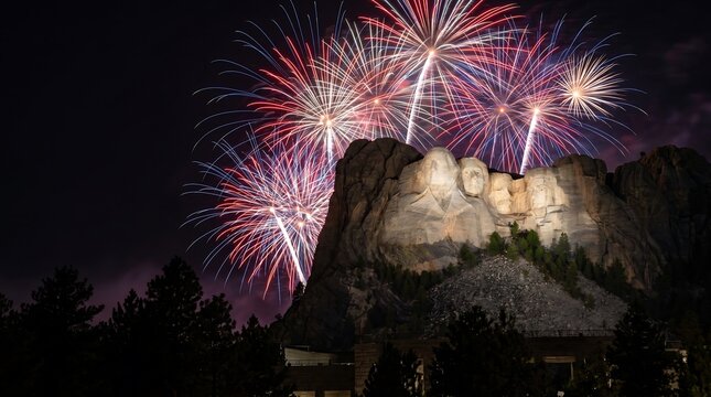 Night landscape of Mount Rushmore National Memorial featuring patriotic fireworks over illuminated granite mountain carvings