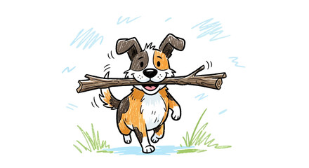 Cute Cartoon Puppy Dog Carrying a Stick in its Mouth © Untung
