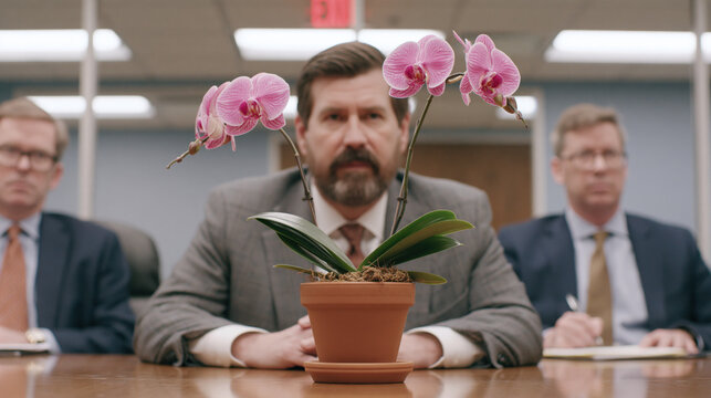 Pink orchid commands a bearded executive's solemn attention in a deadpan boardroom scene