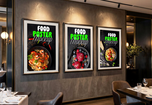 Restaurant interior with vertical food poster frames mockup
